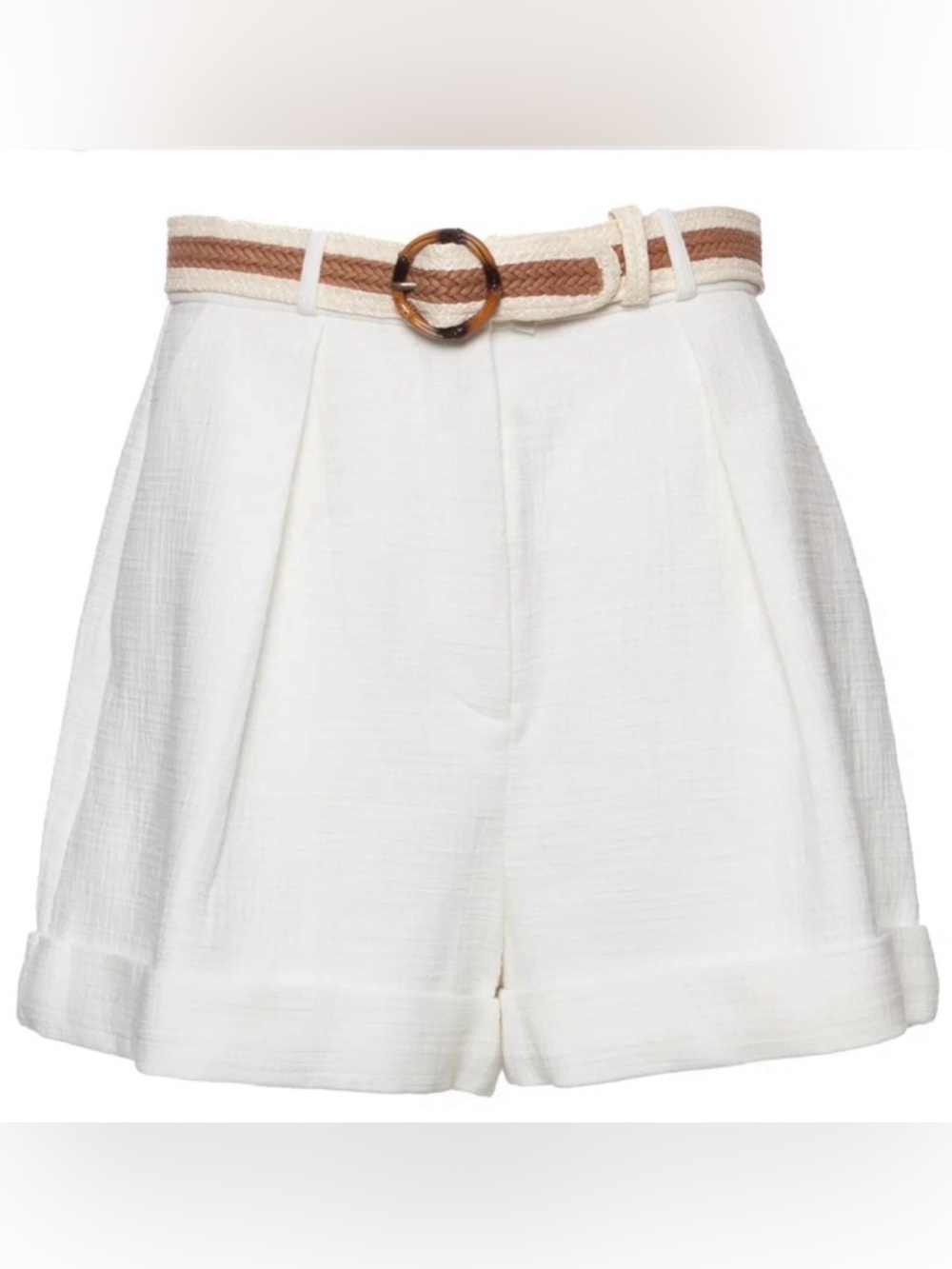 Zimmermann White High-Waist Tailored Shorts with Tan Belt
